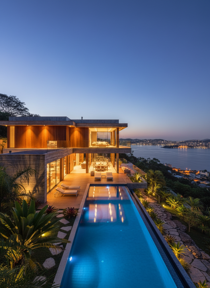 A twilight exterior photographic view of a contemporary hillside luxury villa in Florianópolis, perched above the bay with layered decks cascading down toward the water. The architecture features warm wood cladding, large glass panels, and textured concrete, with an illuminated infinity pool in the foreground mirroring the deep blue evening sky. Discreet landscape lighting highlights native tropical plants and stone pathways, while the distant city lights of Florianópolis subtly sparkle across the bay. The image is shot from a slightly elevated three-quarter angle, capturing the full façade and pool terrace in one frame. Golden interior lighting spills softly through the glass, creating a welcoming contrast against the cool twilight tones. The mood is exclusive, serene, and investment-worthy, emphasizing the property’s dramatic views and architectural sophistication.