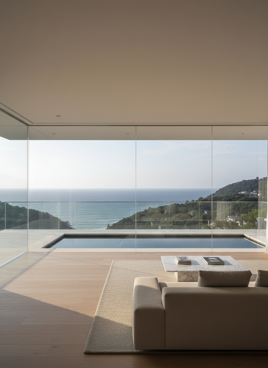 A sophisticated, ultra-modern luxury penthouse interior in Florianópolis with floor-to-ceiling glass walls opening to a wide balcony overlooking the ocean and green coastal hills. Inside, a low-profile designer sofa in soft beige fabric faces a minimalist marble coffee table, set on a pale textured rug over wide oak plank flooring. Outside, an elegant glass-railed terrace features a sleek plunge pool with reflective water. Soft, diffused afternoon daylight pours through the glazing, creating gentle reflections on polished surfaces and subtle shadows along the floor. The camera is positioned at eye level from the living area, using a wide-angle lens to capture the seamless indoor-outdoor flow. The atmosphere is calm, refined, and quietly opulent, with photographic realism and a clean, modern aesthetic that communicates high-value Florianópolis property.