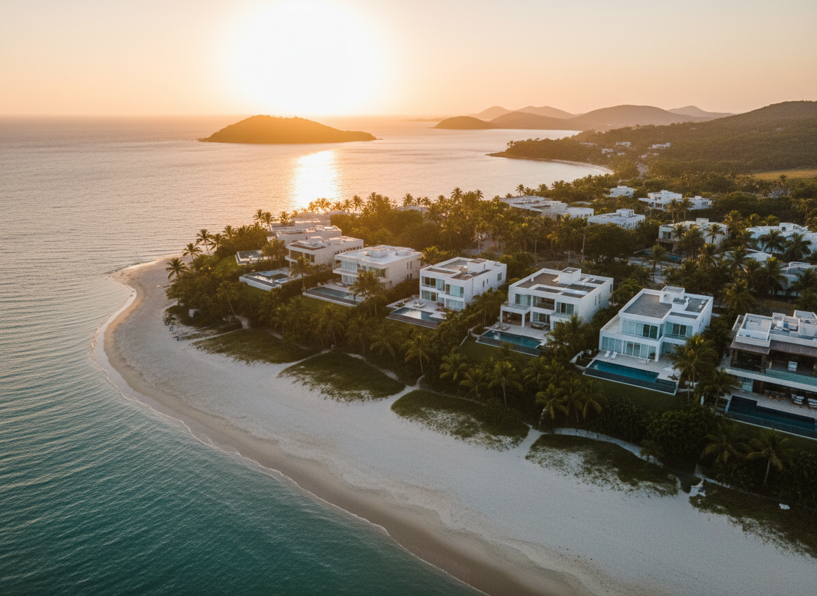 An expansive aerial photographic view of a luxurious beachfront neighborhood in Florianópolis, Brazil, showcasing contemporary villas with white stone façades, infinity pools, and lush tropical landscaping. The turquoise ocean curves around the island, with small green hills rising in the distance and a pristine, crescent-shaped beach in the foreground. Captured in warm late-afternoon golden hour light, the sun glows low on the horizon, casting long, elegant shadows and emphasizing the architecture’s clean lines. The composition follows the coastline diagonally across the frame, with sharp focus throughout to highlight both the real estate and the natural setting. The mood is sophisticated and aspirational, conveying exclusive coastal living and premium investment potential, rendered in high-end photographic realism for a luxury real estate homepage hero image.