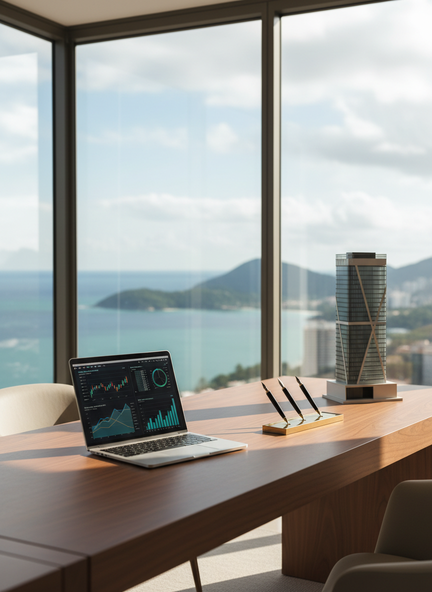 A bright, meticulously staged luxury home office in a high-end Florianópolis apartment, designed for serious real estate investors. A long, matte walnut desk with beveled edges stretches along a wall of floor-to-ceiling windows framing a panoramic view of the sea and green island landscape. On the desk rests a slim, open laptop displaying abstract charts and graphs, alongside a polished metal pen tray and a single architectural scale model of a modern tower. Soft mid-morning coastal light floods the room, creating clean, crisp shadows and subtle reflections on the glass tabletop. Captured from a slightly elevated angle with shallow depth of field, the foreground details are sharp while the distant skyline gently softens. The atmosphere is focused, professional, and refined, visually communicating market analysis, investment planning, and premium property strategy.
