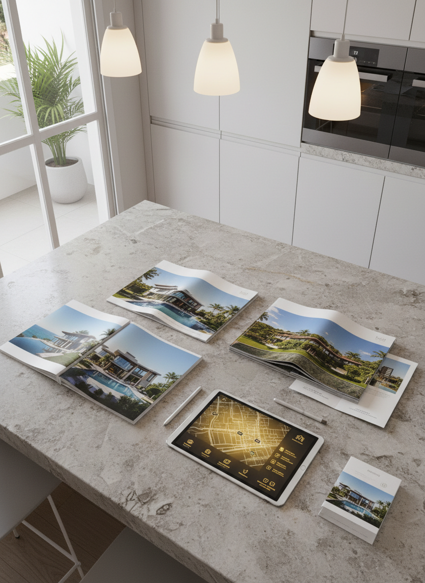 A photographic realism scene of a curated luxury property portfolio spread across a large stone island in a minimalist Florianópolis kitchen. High-end printed property brochures with thick, matte paper showcase glossy images of ocean-view villas, modern condos, and hillside estates, arranged neatly alongside a sleek tablet displaying an interactive map of Florianópolis with highlighted premium districts. The kitchen features handleless white cabinetry, subtle gray-veined marble, and a glimpse of a glass door opening to a sunlit balcony. Soft overhead pendant lighting combines with natural daylight from the balcony, creating gentle layered illumination and delicate shadows on the printed materials. Shot from a top-down, slightly angled perspective, the composition focuses on the brochures and tablet as visual metaphors for curated listings, expert insights, and bilingual market guides for luxury real estate investors.